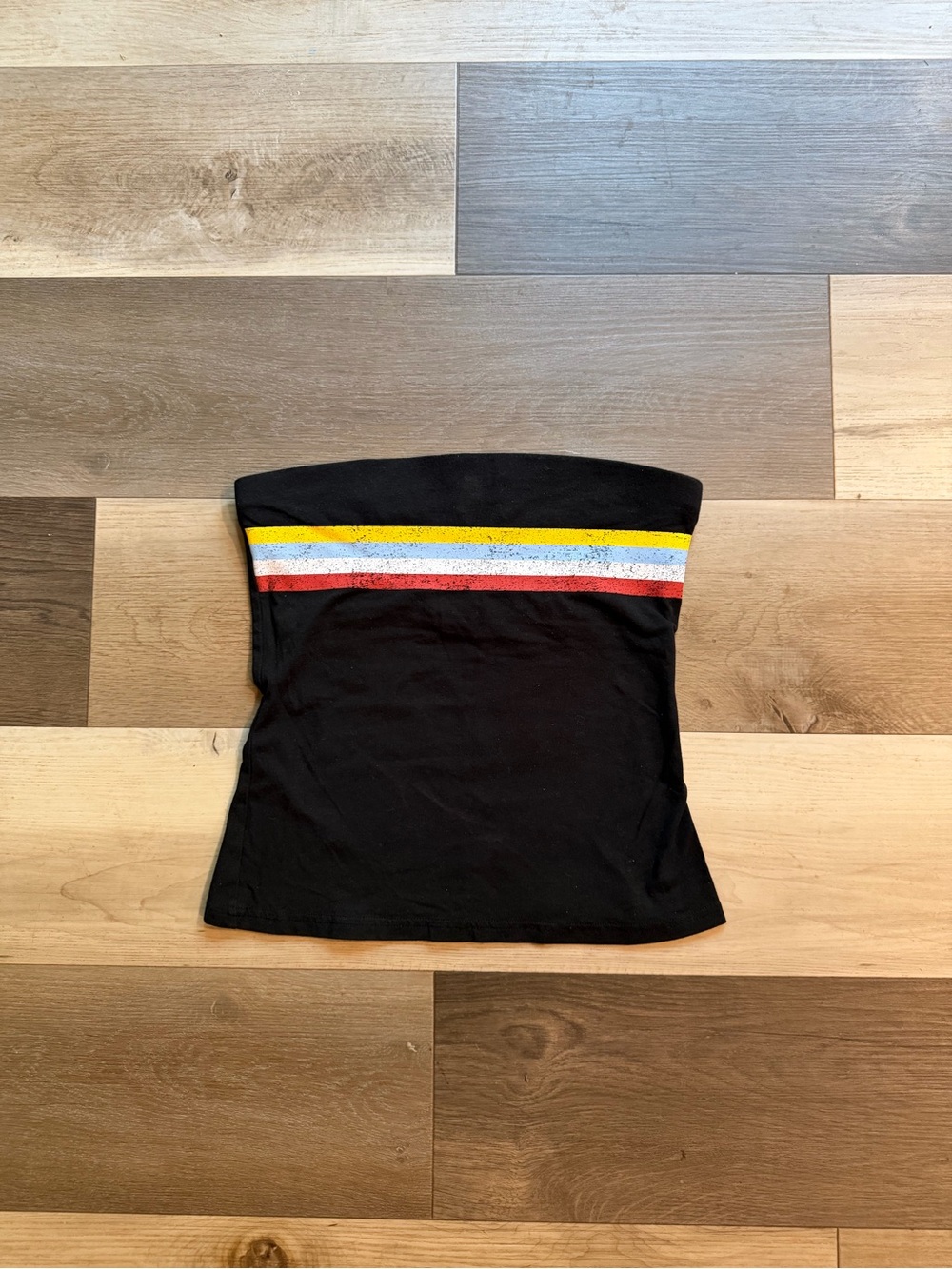 Black Strapless Top with Yellow, Blue White & Red Stripes
